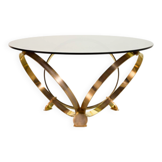 Table basse ronde en laiton avec plateau en verre fumé Knut Hesterberg, Allemagne, années 70