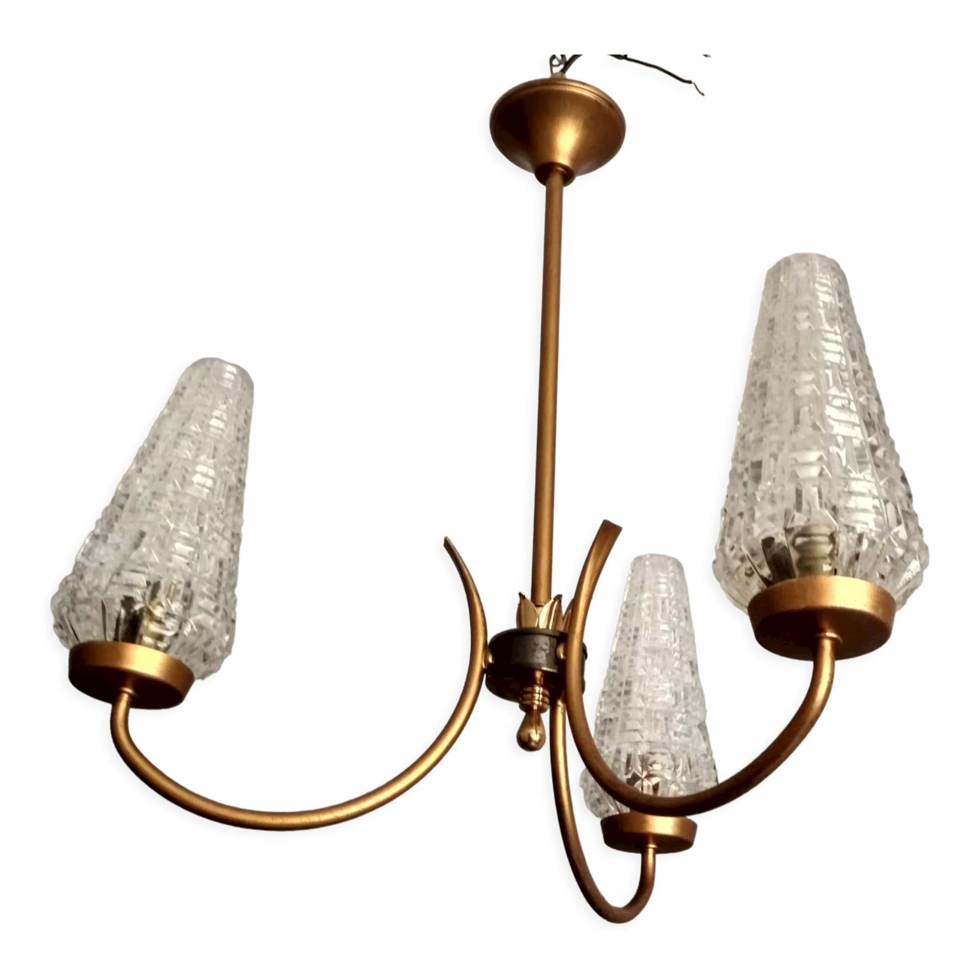 Lustre vintage à 3 branches métal doré et tulipes