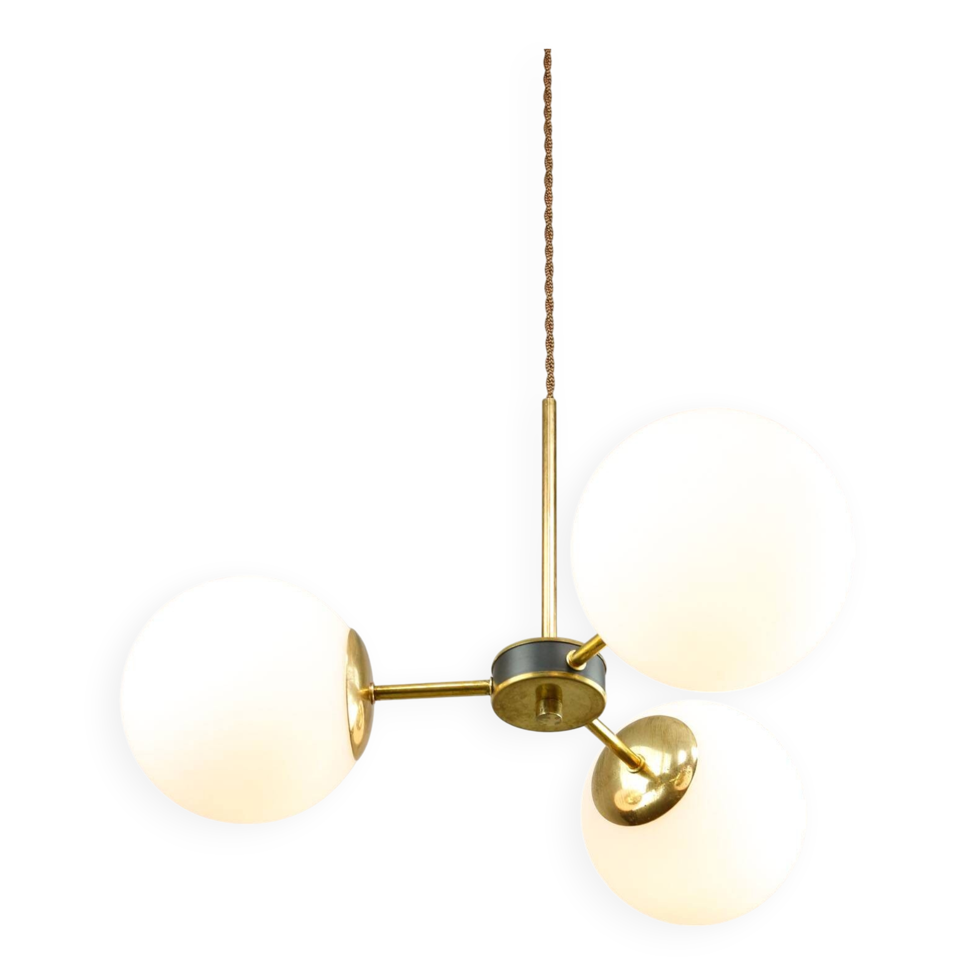 Mid-Century Modern Italian Chandelier in Brass and Opaline Glass, 1960s