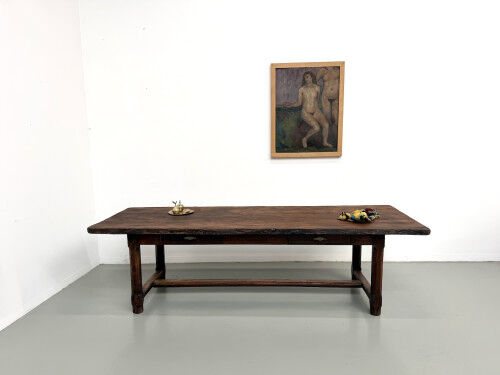 Brutalist farmhouse table in solid oak, 270 cm, 1920s.
