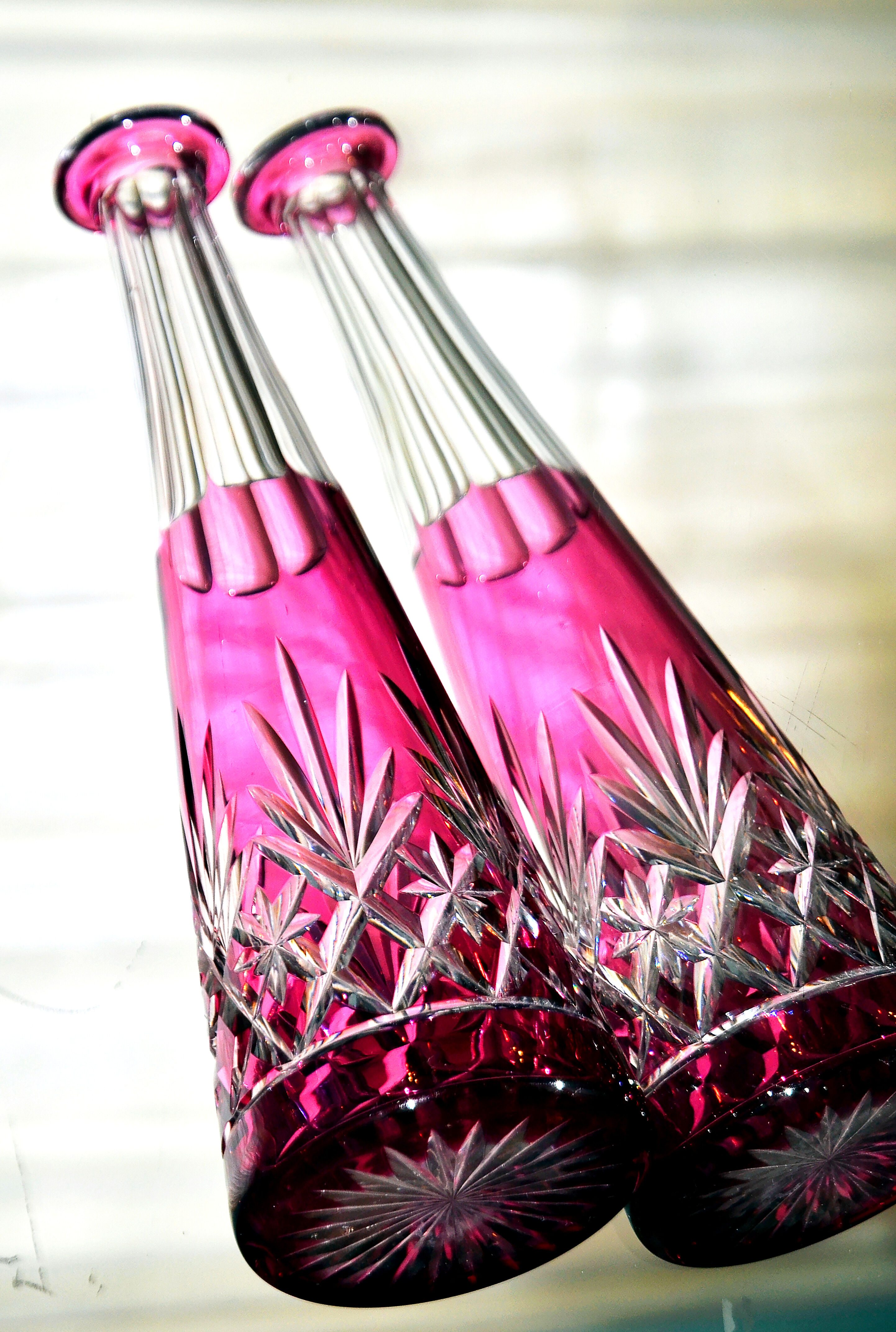 SAINT-LOUIS, Massenet. Tapered Rhine wine carafe, lined-cut crystal.