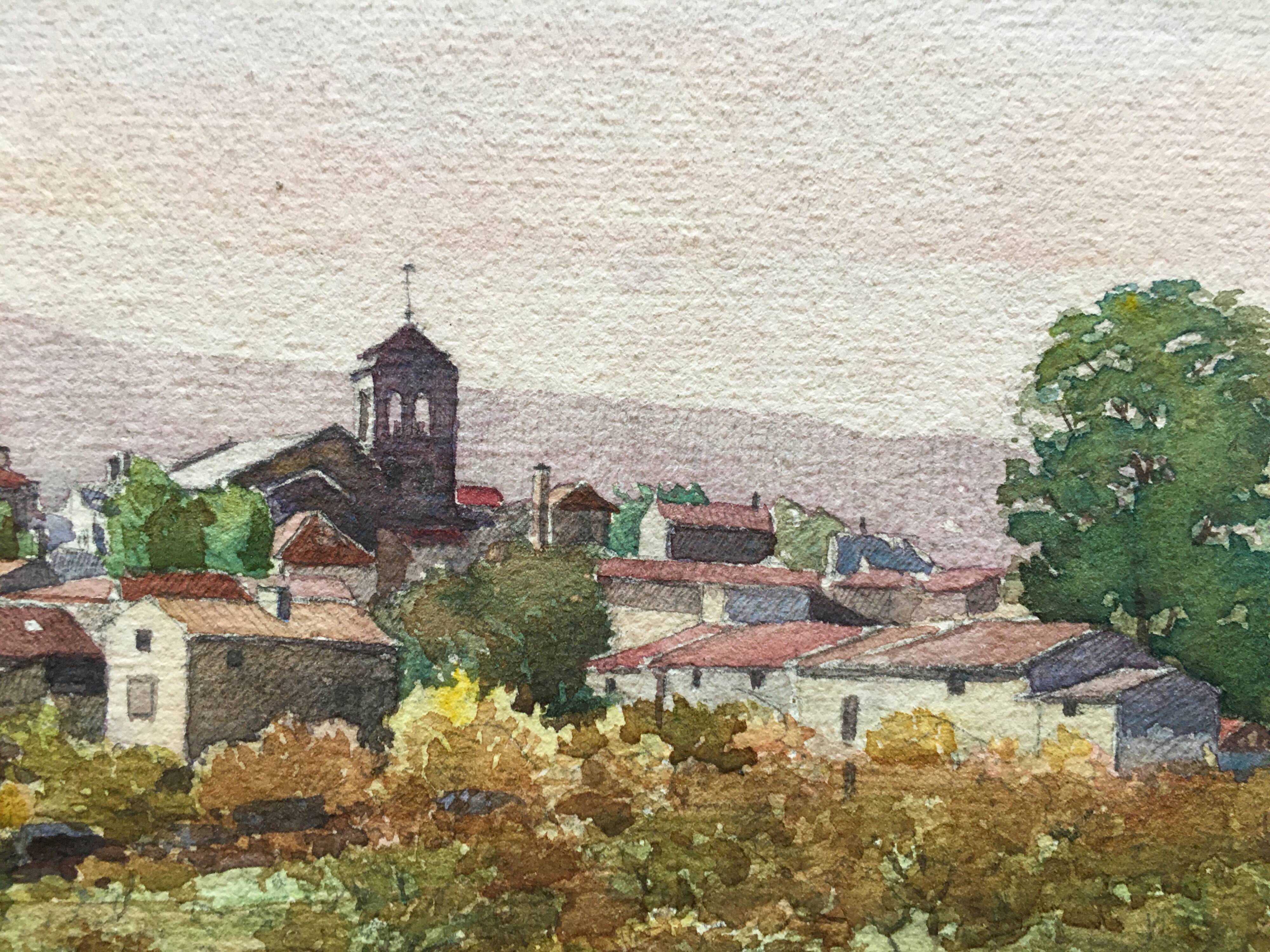 Watercolour painting Village with bell tower signed around 1900