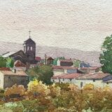 Watercolour painting Village with bell tower signed around 1900