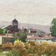 Watercolour painting Village with bell tower signed around 1900