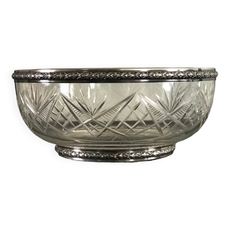 Saladier en verre moulé cerclé argent