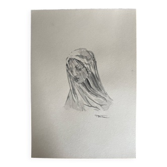 Painting signed watercolor monochrome sepia study statue of “the veiled virgin by Giovanni Strazza”