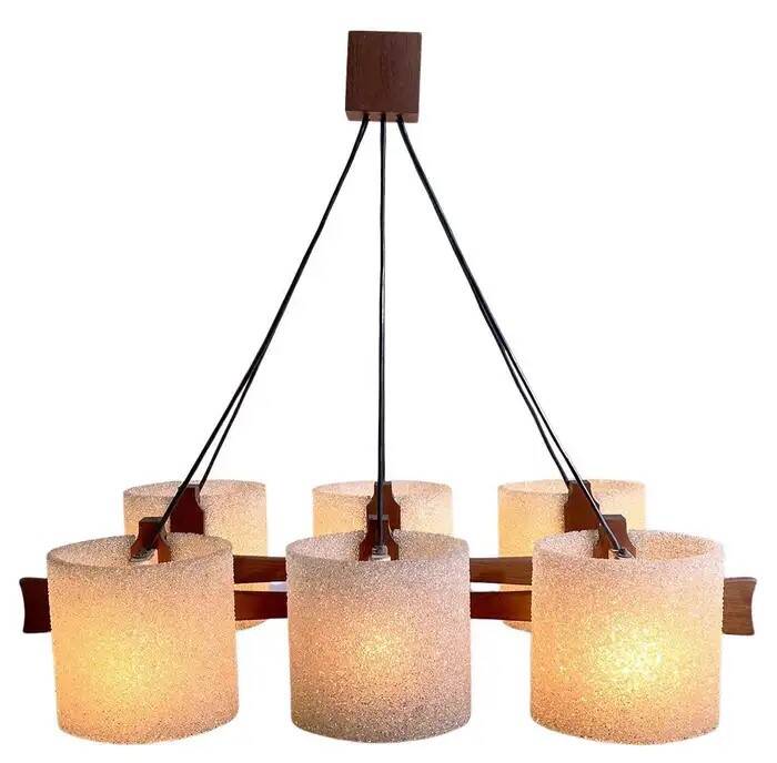 Suspension vintage 6 lumières, teck et perspex, 1960