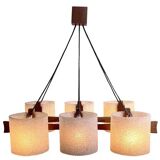 Suspension vintage 6 lumières, teck et perspex, 1960