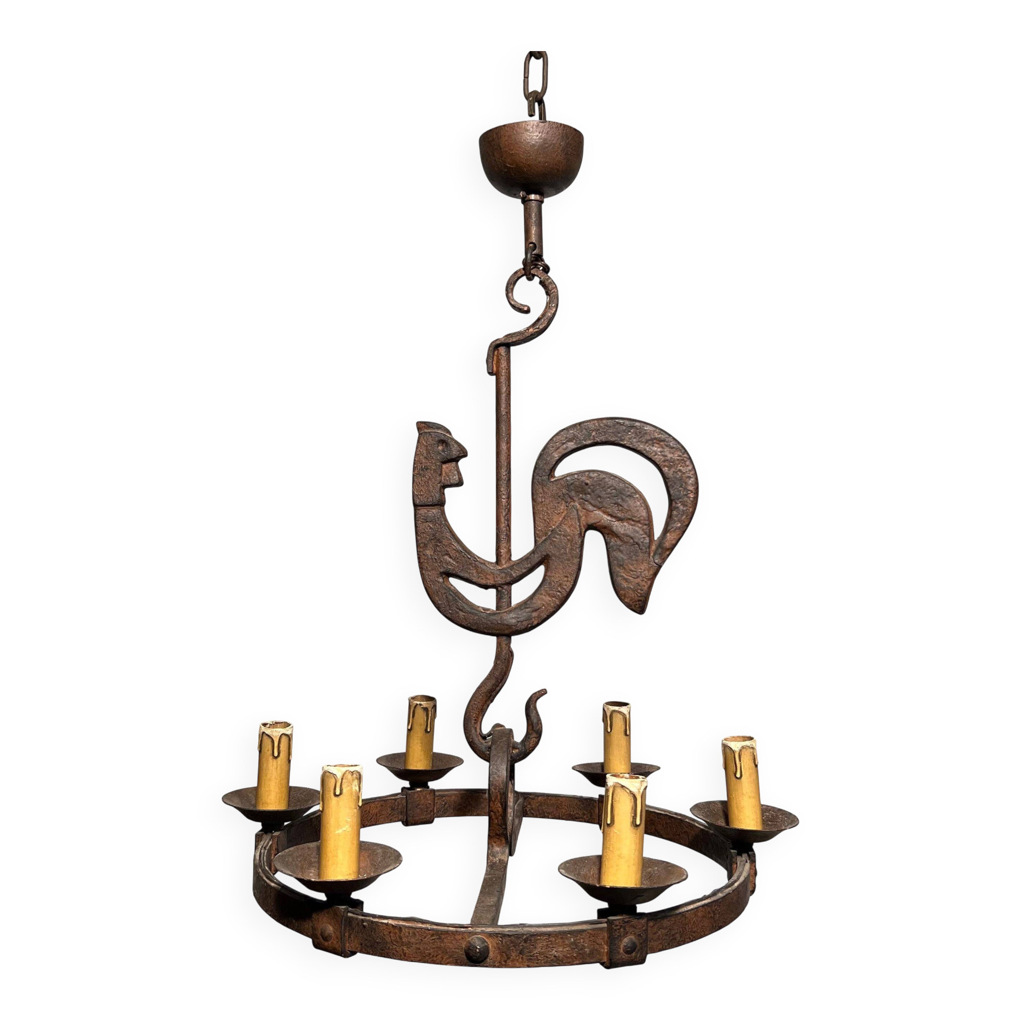 Lustre with rooster by Jean Touret for Atelier Marolles