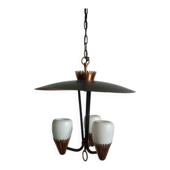 Midcentury ceiling lamp  in brass and opal glass shades