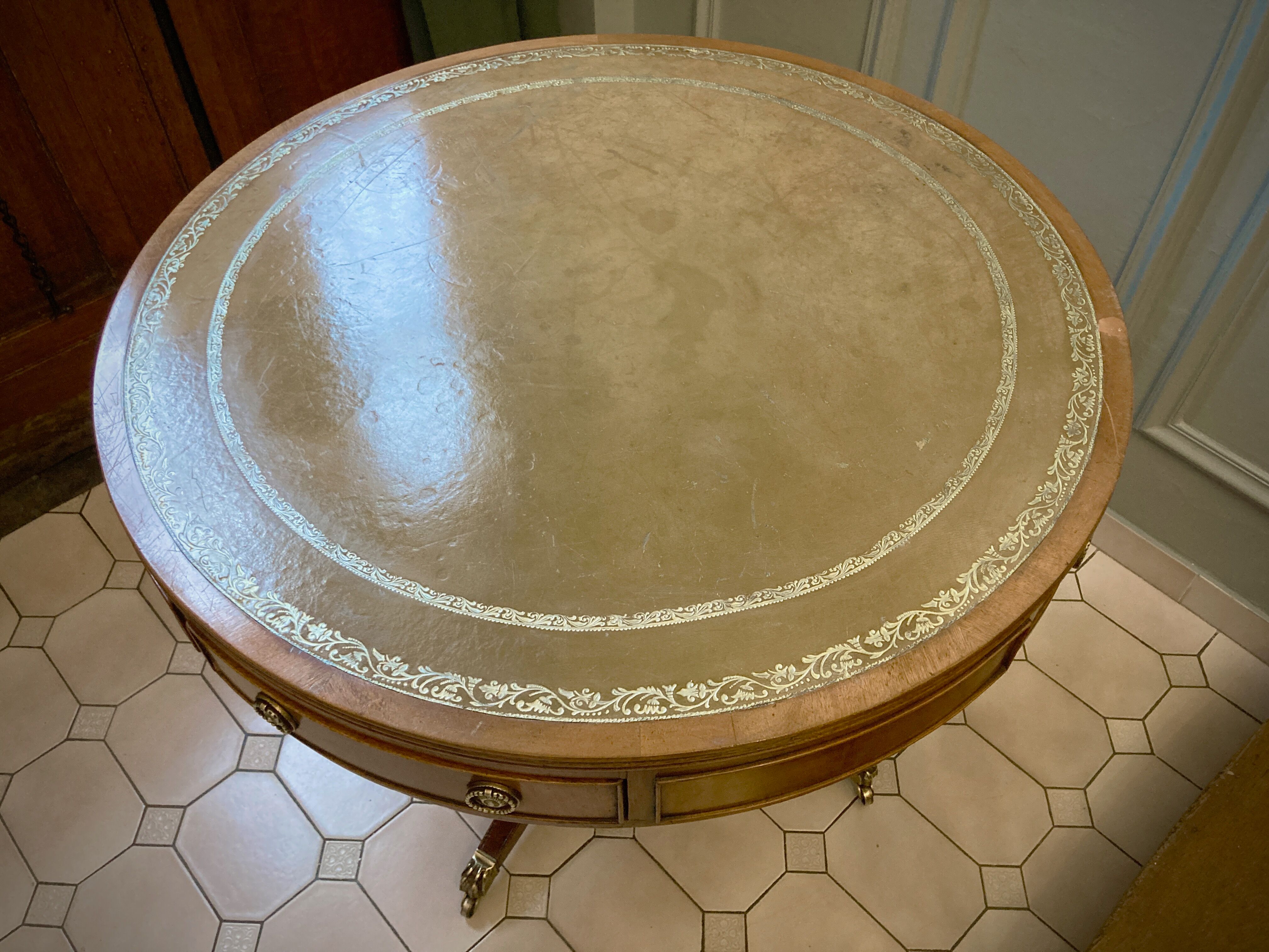 Old drum table 1900 cherry leather and brass