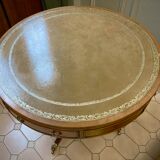 Table tambour 1900  merisier cuir et laiton