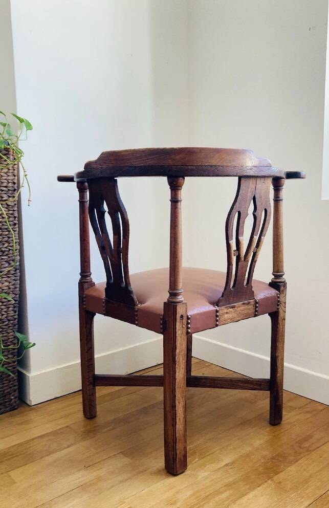 19th century corner armchair in solid pegged oak and imitation leather