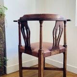 19th century corner armchair in solid pegged oak and imitation leather