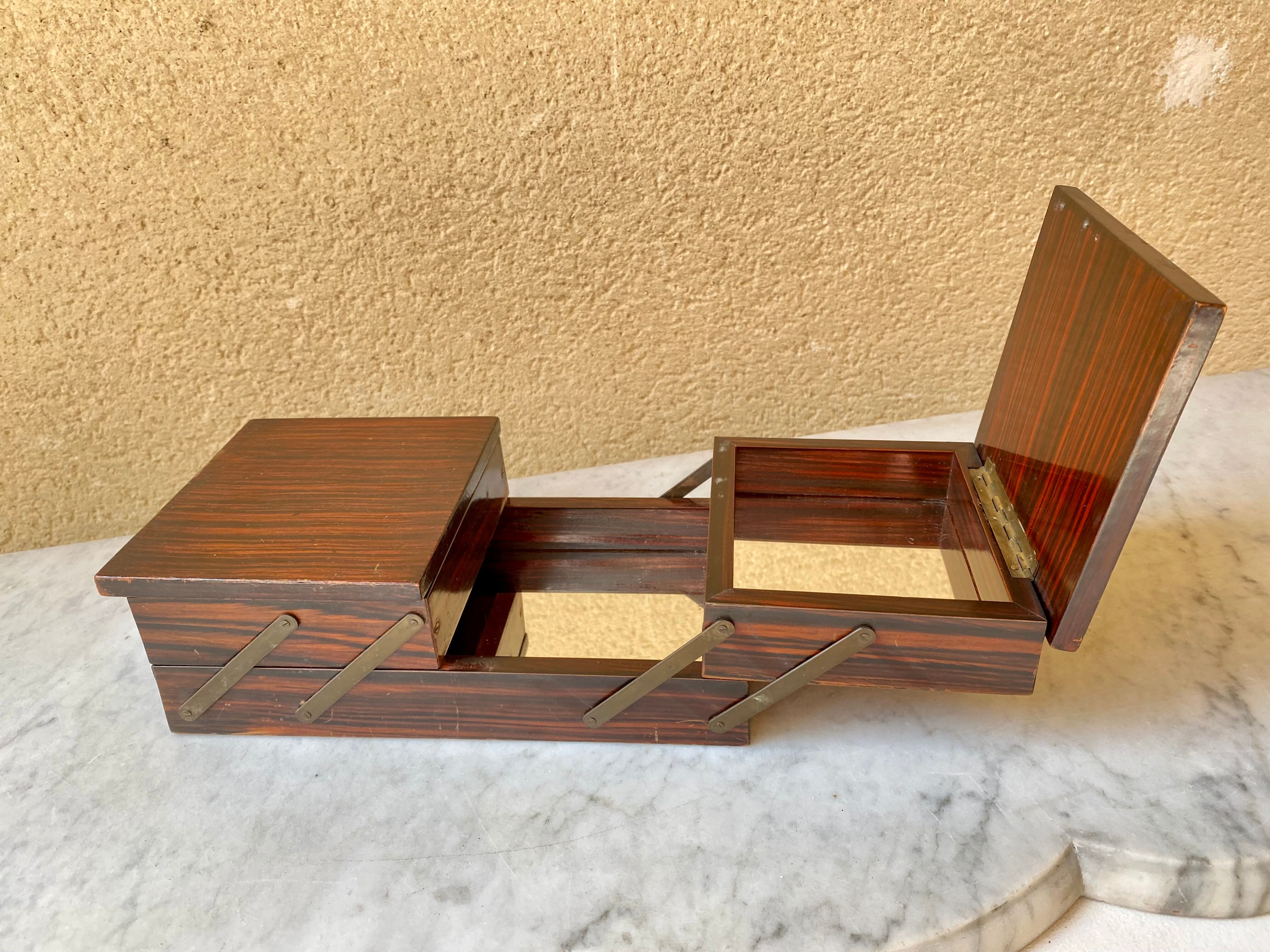 Boîte à bijoux boîte à couture design scandinave vintage 60 plaquée palissandre et miroirs