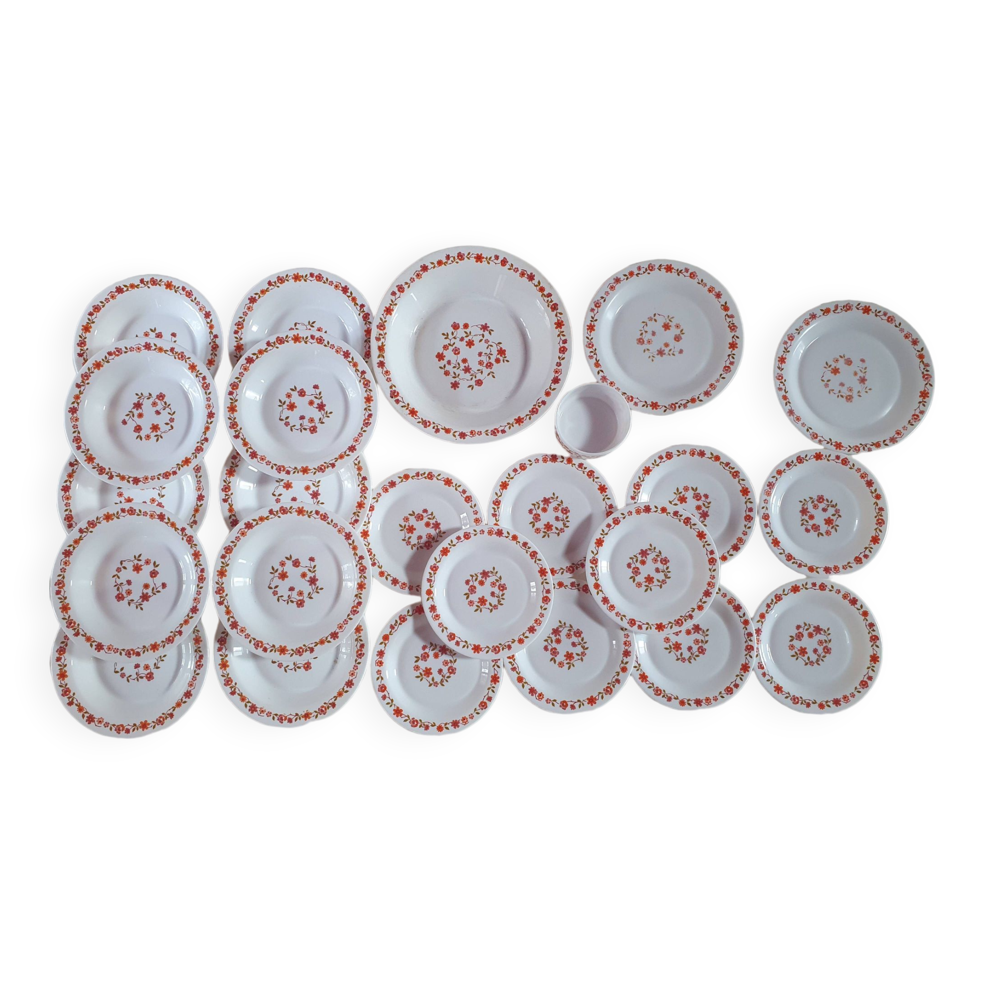 lot of arcopal scania dishes with small orange flowers flat plate, hollow dessert dish, one dish..