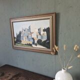 Peinture à l’huile de scène de rue de paysage urbain suédois vintage moderne du milieu du siècle « City Stroll », encadrée