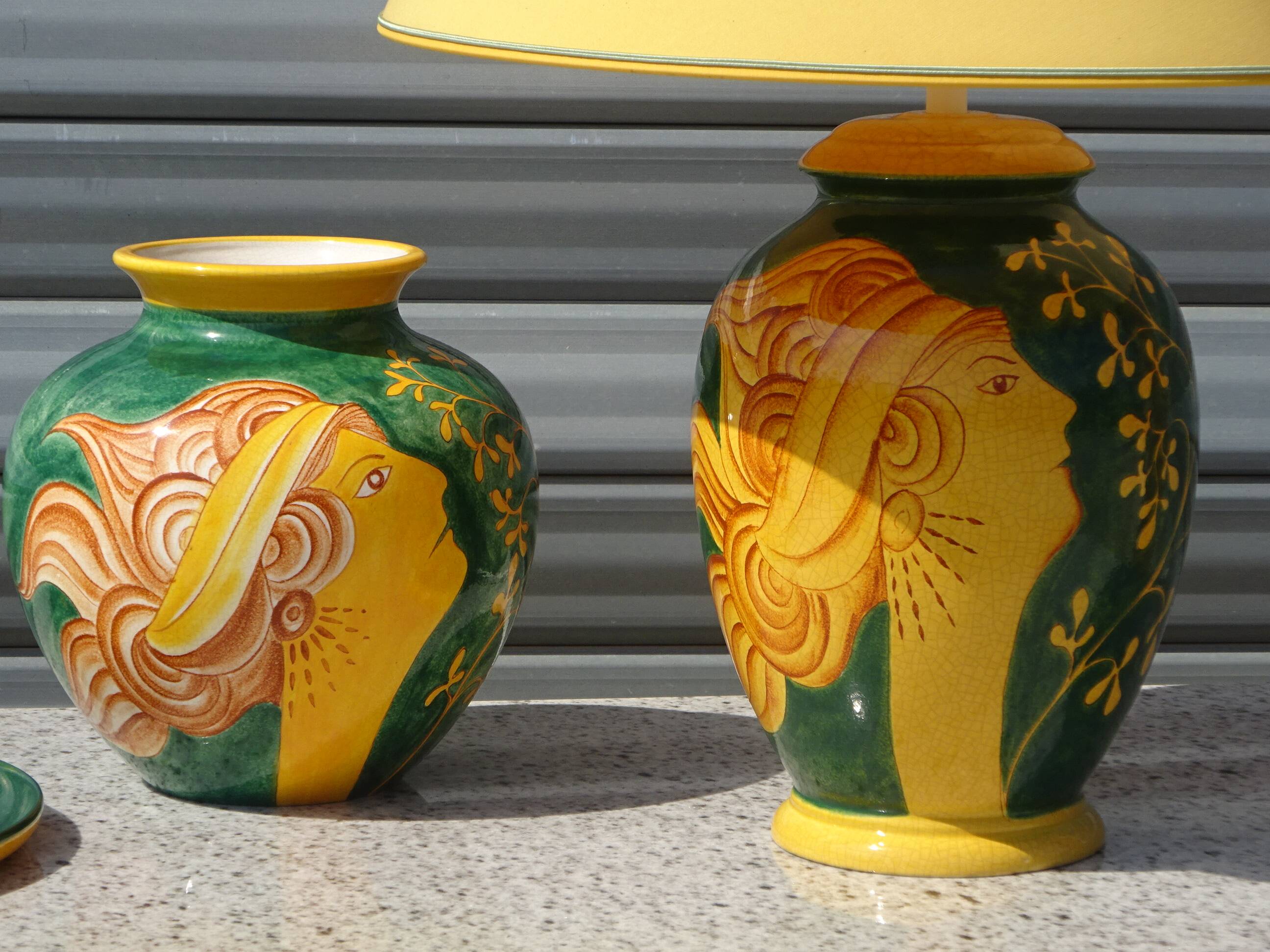 Ceramic lamp, vase and matching plate, Drimmer