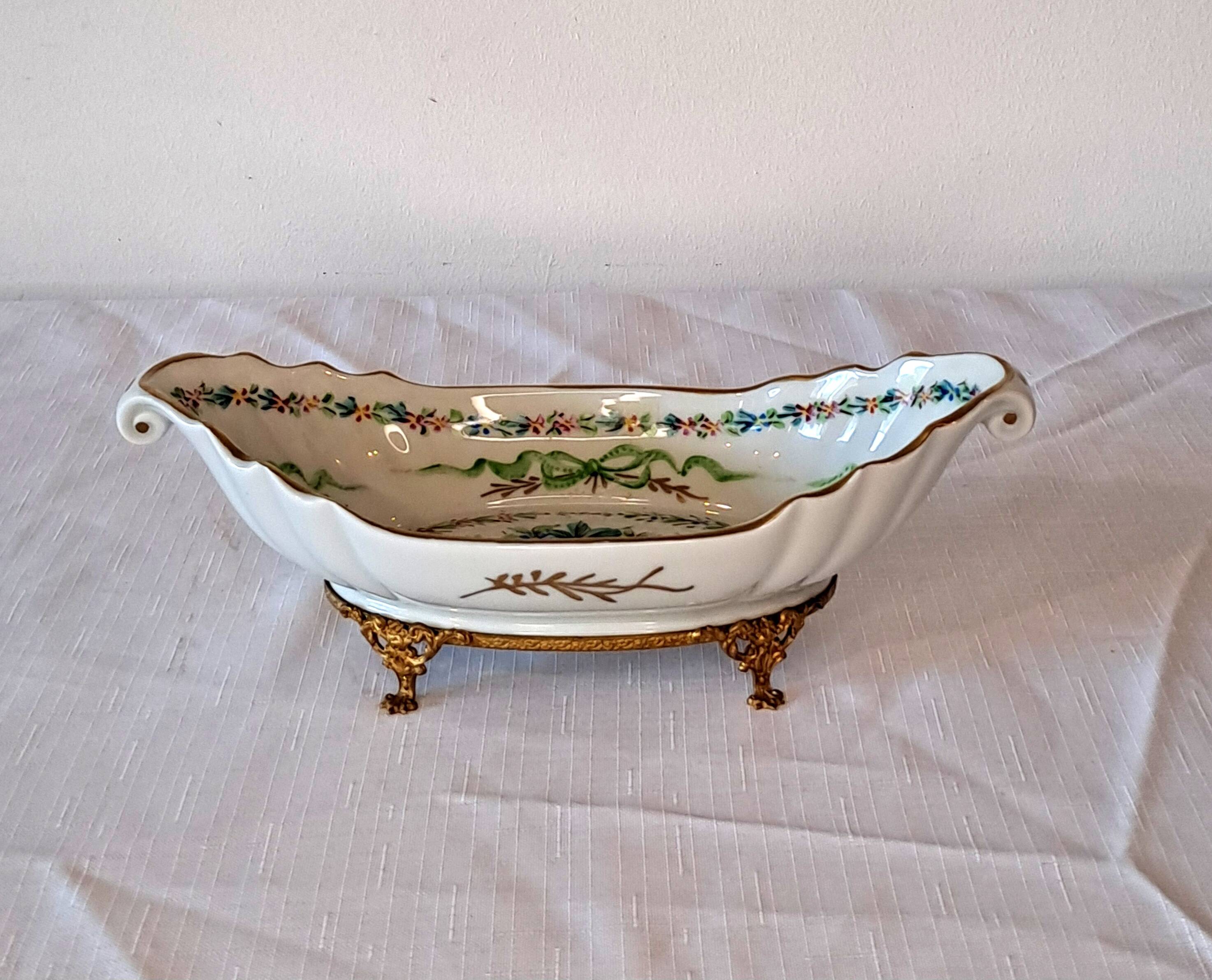Antique Limoges bowl – painted porcelain & gilded bronze, Louis XV style