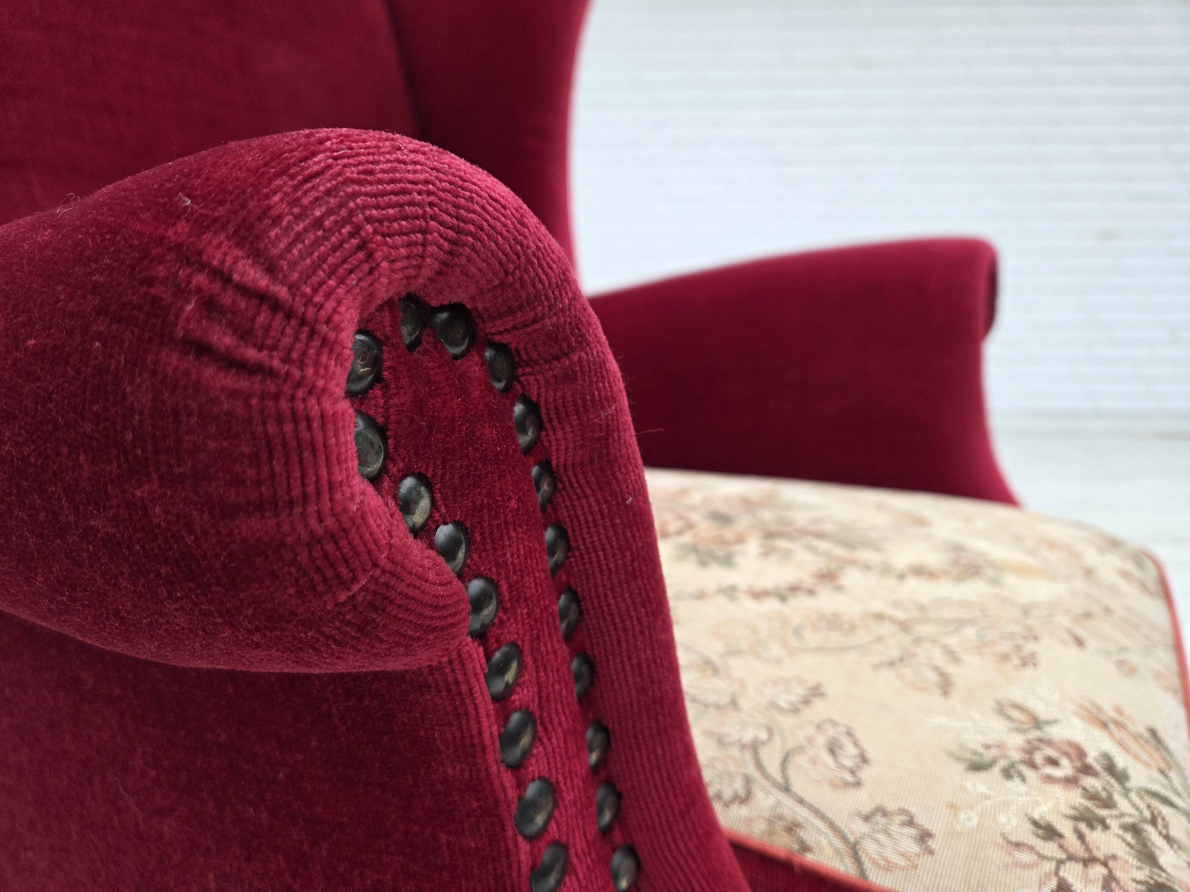 1970s, Danish highback armchair, red furniture velour, ash wood.