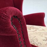 1970s, Danish highback armchair, red furniture velour, ash wood.