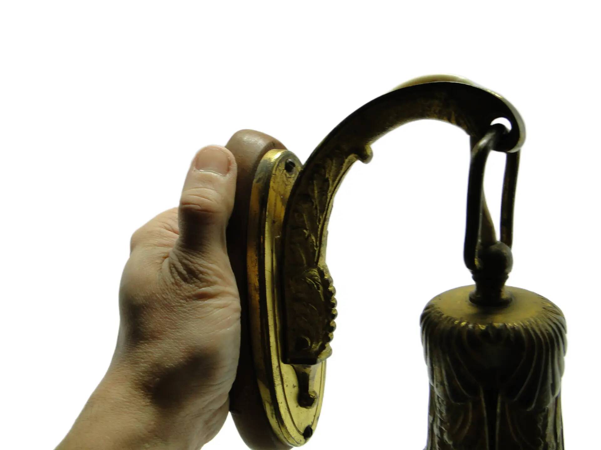 Eclectic wall sconce, golden brass, beech, Germany, 1930s.
