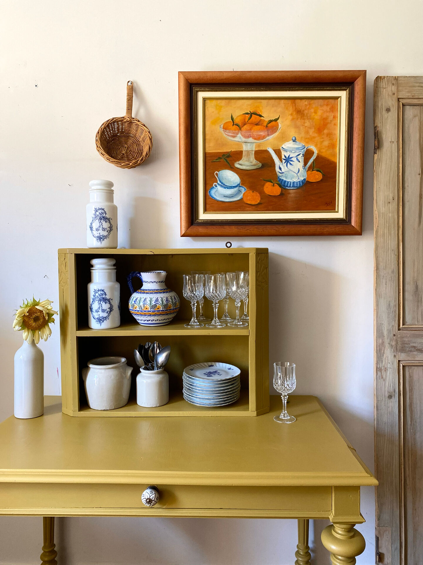 Still life with mandarins and blue pottery, oil on canvas