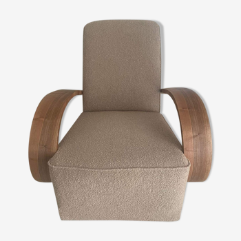 Art deco armchair in walnut and curly fabric