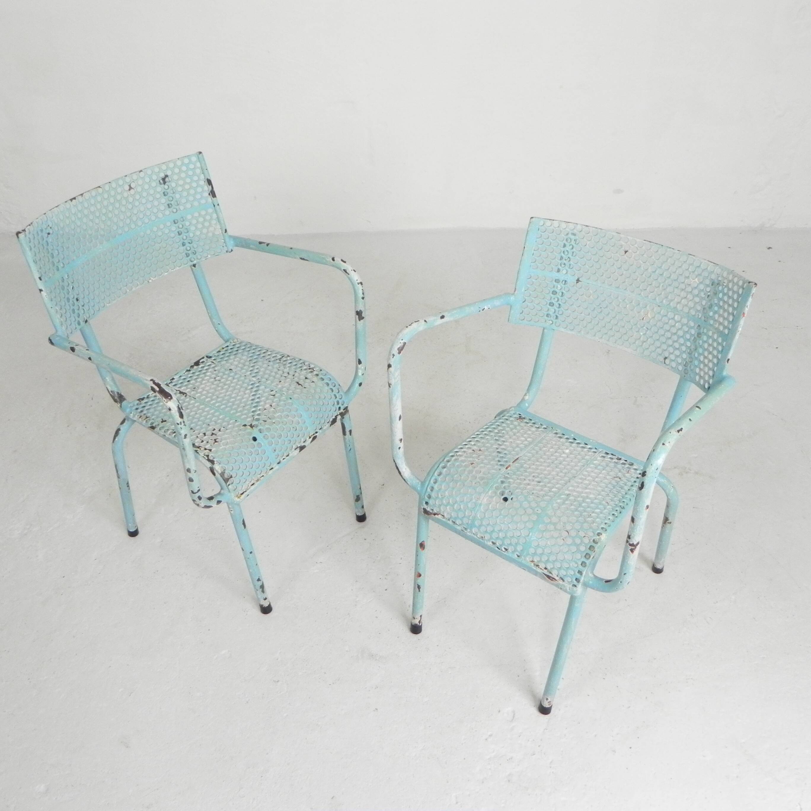 Lot de 2 chaises de jardin industrielles en acier avec accoudoirs, années 1950