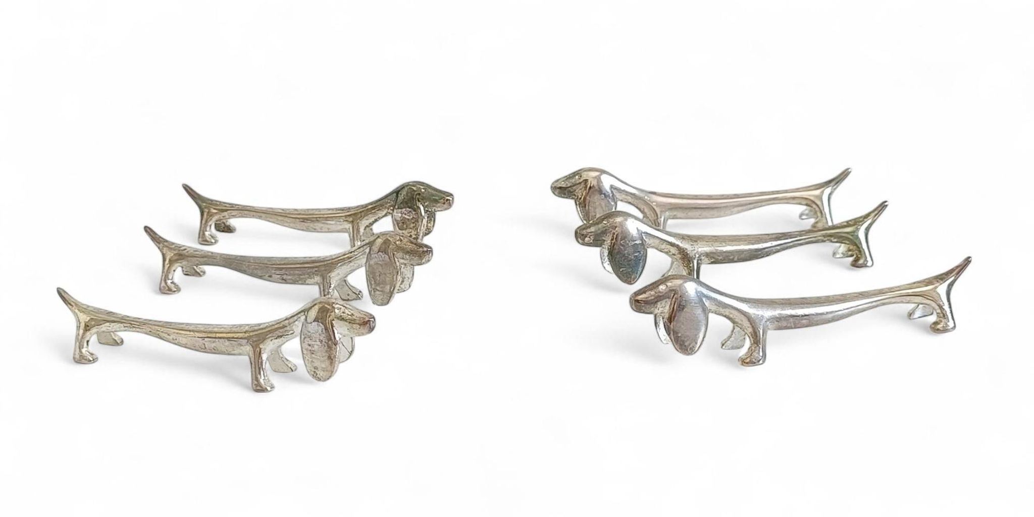 Vintage Knife Rests, Set of Six Silver Plated Dachshund Dogs, Italy, 20th-C