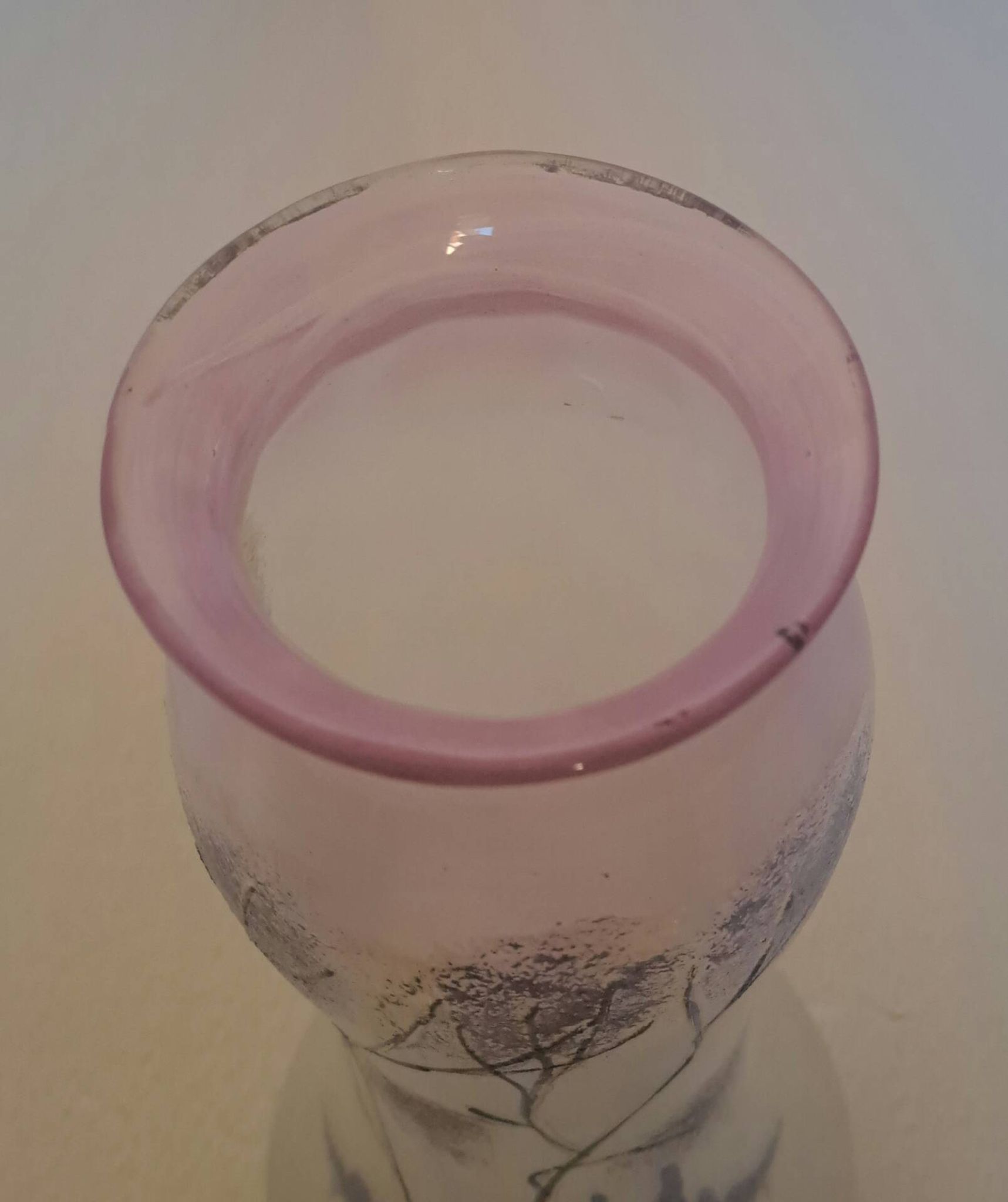 Frosted glass vase enhanced by hand