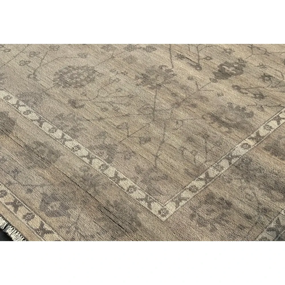 Hand-Knotted Wool Area Rug, Beige Floral Design Carpet for Living Room