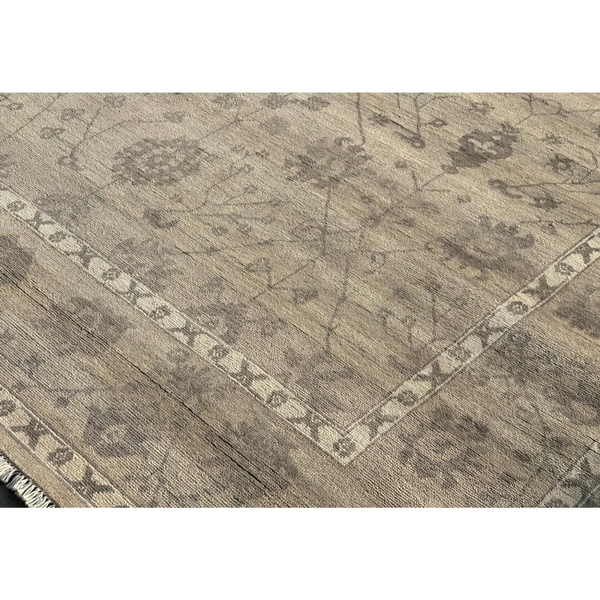 Hand-Knotted Wool Area Rug, Beige Floral Design Carpet for Living Room