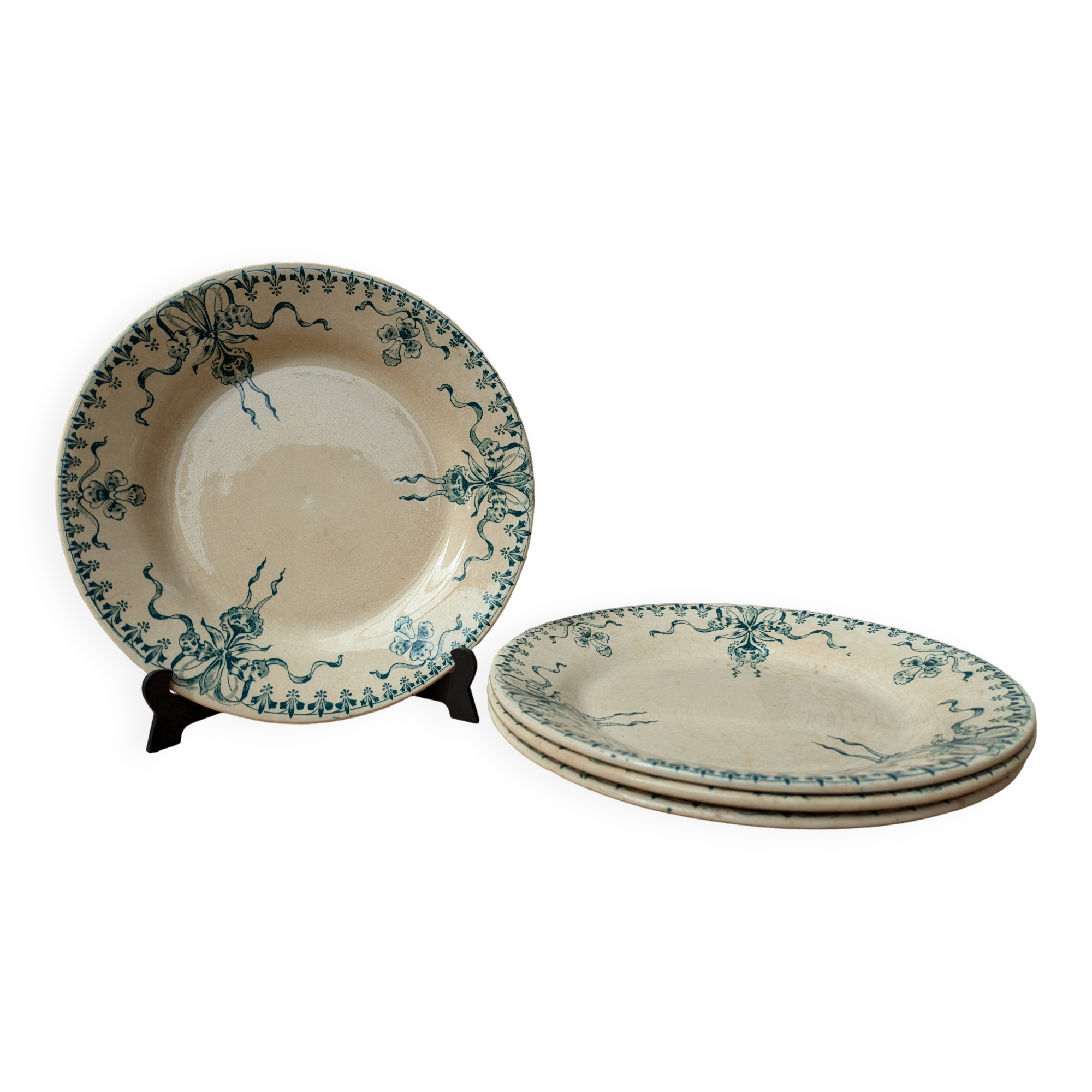 Set of 4 old opaque porcelain plates from Gien, Venice Terre de fer model