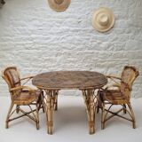 Audoux Minet duo table with bamboo rattan and smoked glass armchairs