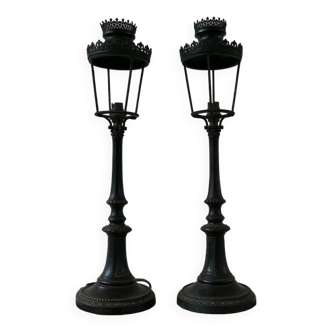 Pair of Bronze French Table Lamps in the Form of Street Lanterns