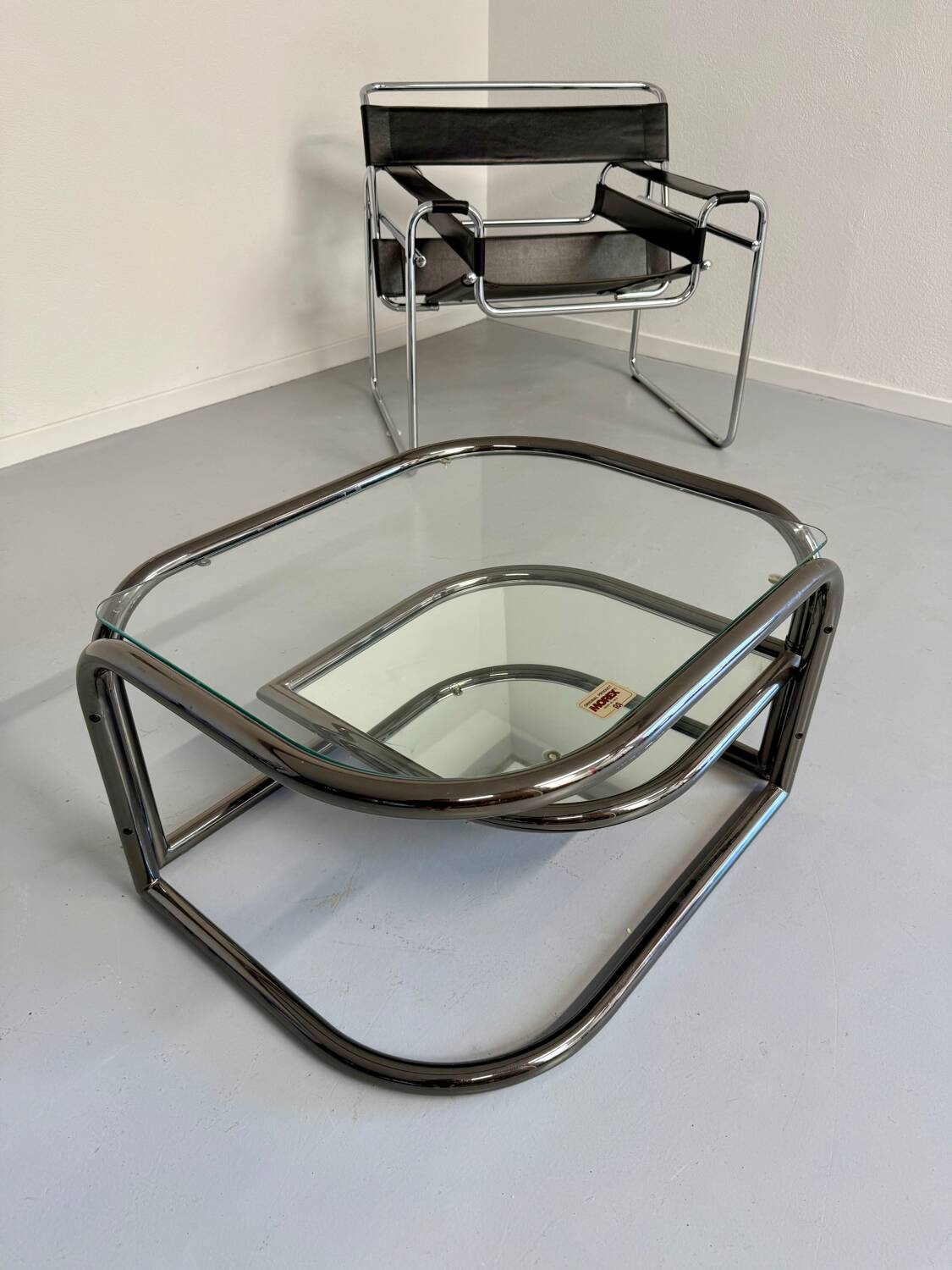 Vintage tubular coffee table with glass top, Italian design Morex, 70s