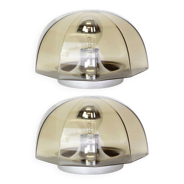 Pair of smoked glass wall lights or ceiling lights by Hillebrand, Germany, 1960s.