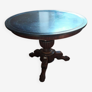 Old mahogany pedestal table with marble top and tripod foot with claws