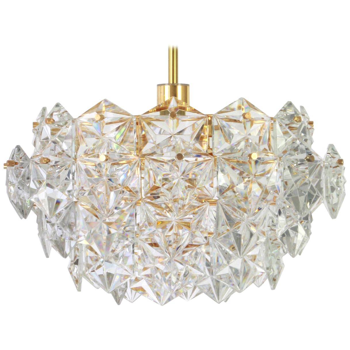 Golden brass and crystal glass chandelier by Kinkeldey, Germany, 1970s.