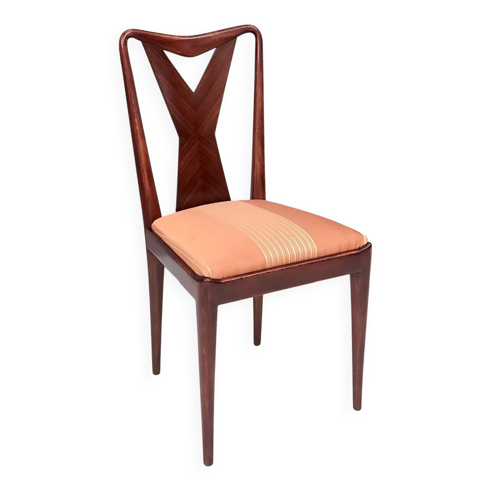 Set of Six Walnut Dining Chairs with Orange Fabric in the Style of Parisi