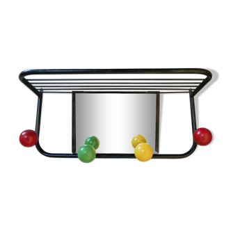 Vintage wall coat holder with 4 coloured balls, mirror and shelf
