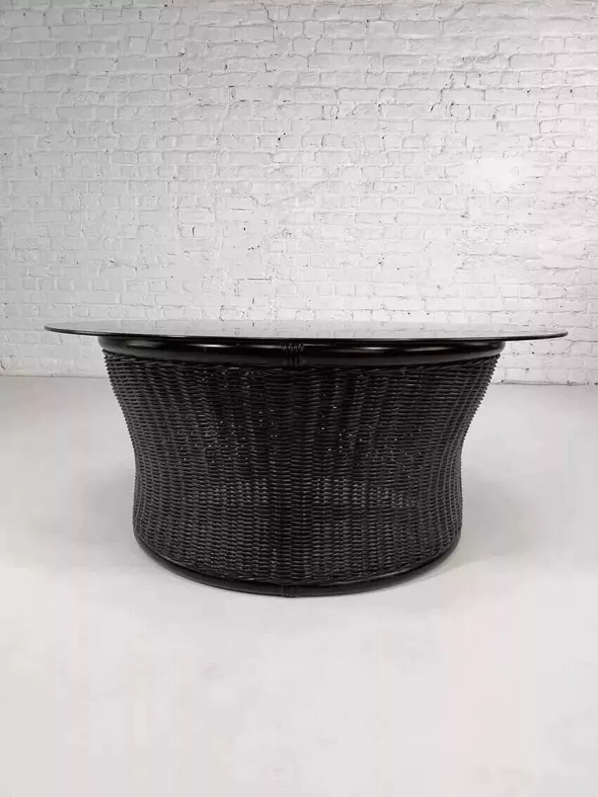 Rattan and smoked glass coffee table