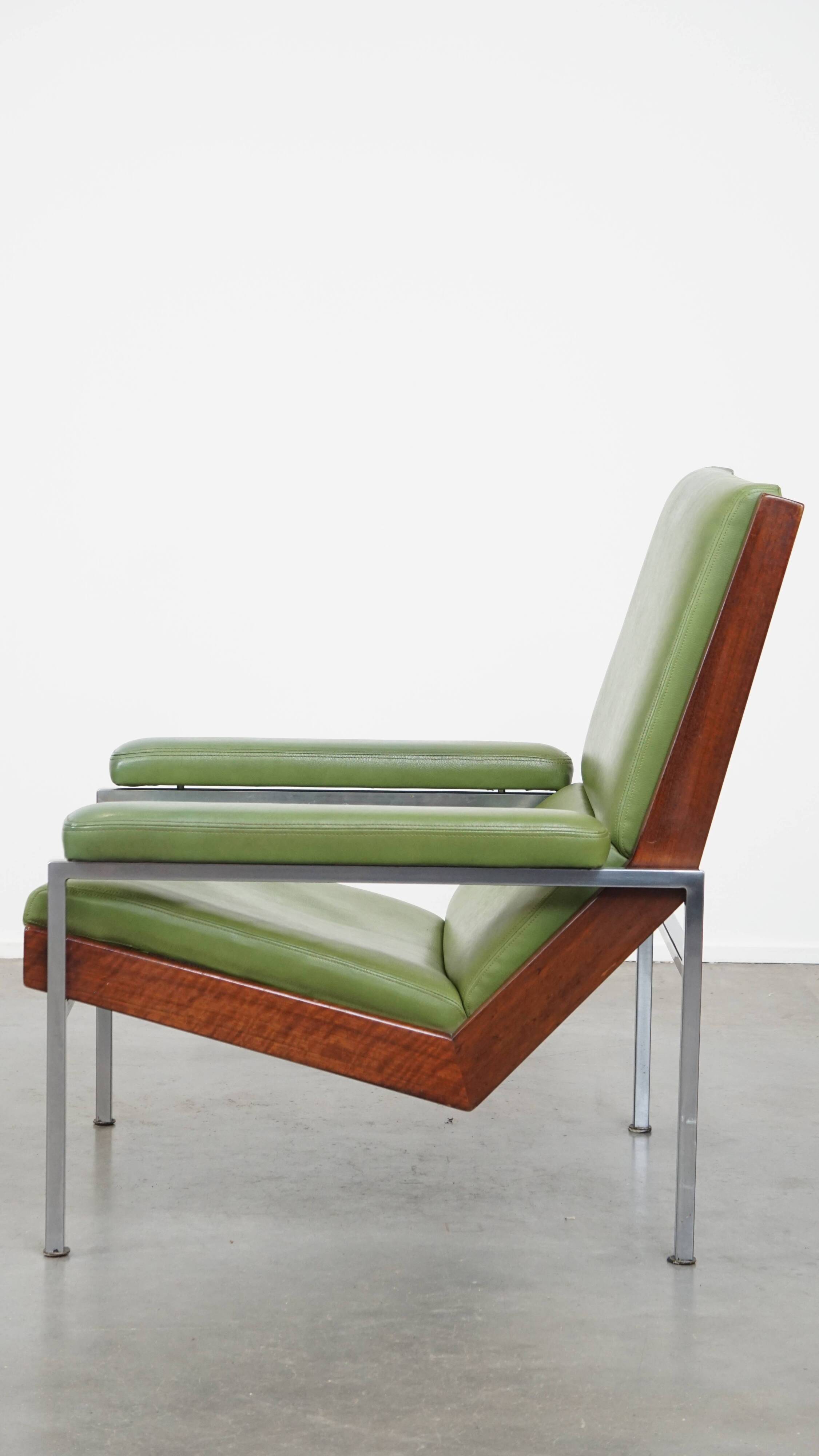 Green cowhide Leather and Wooden Vintage Armchair