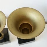 Pair of Art Deco enamelled brass casseroles, black and white marble base