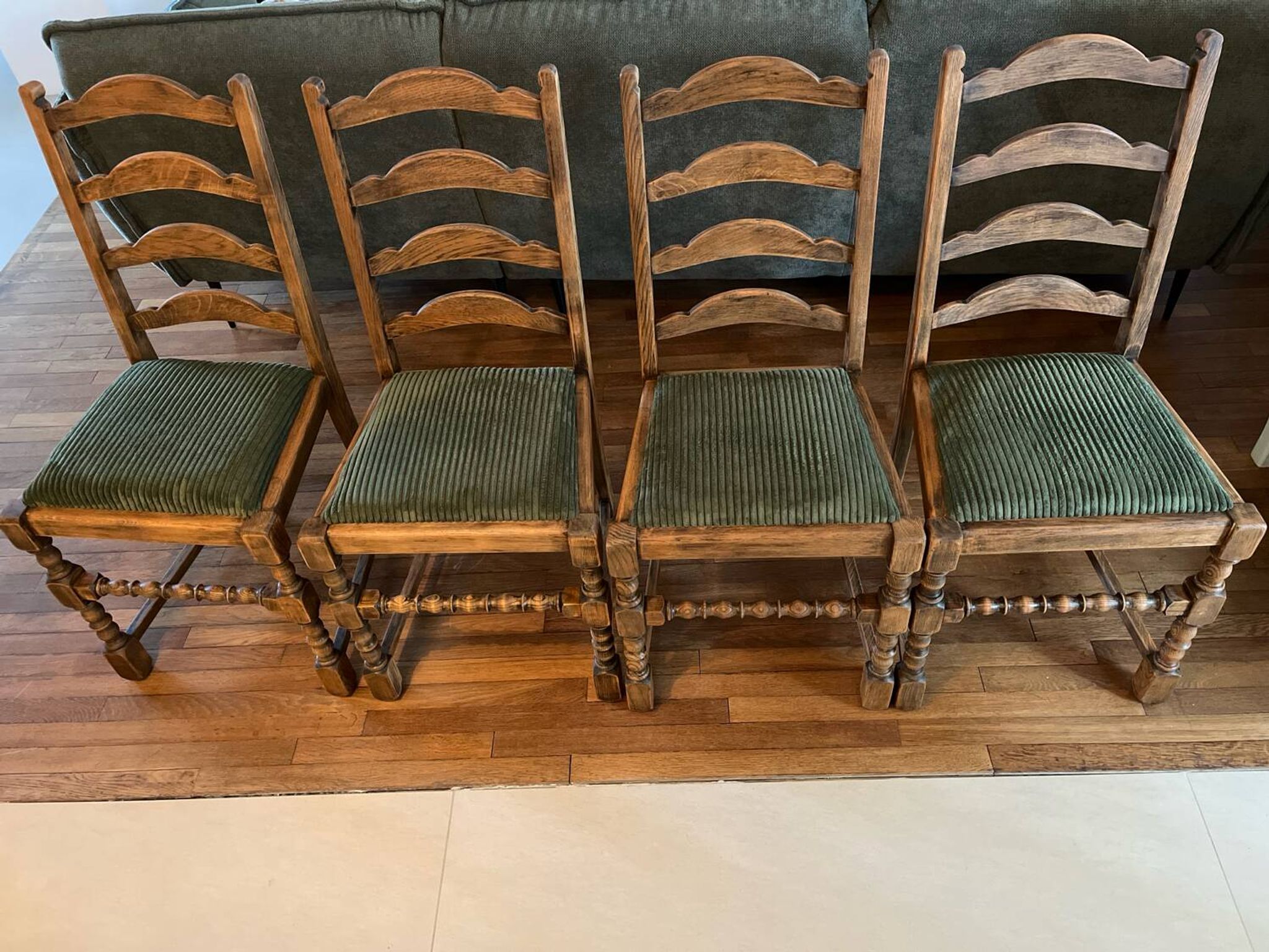 4 antique chairs with green velvet upholstery