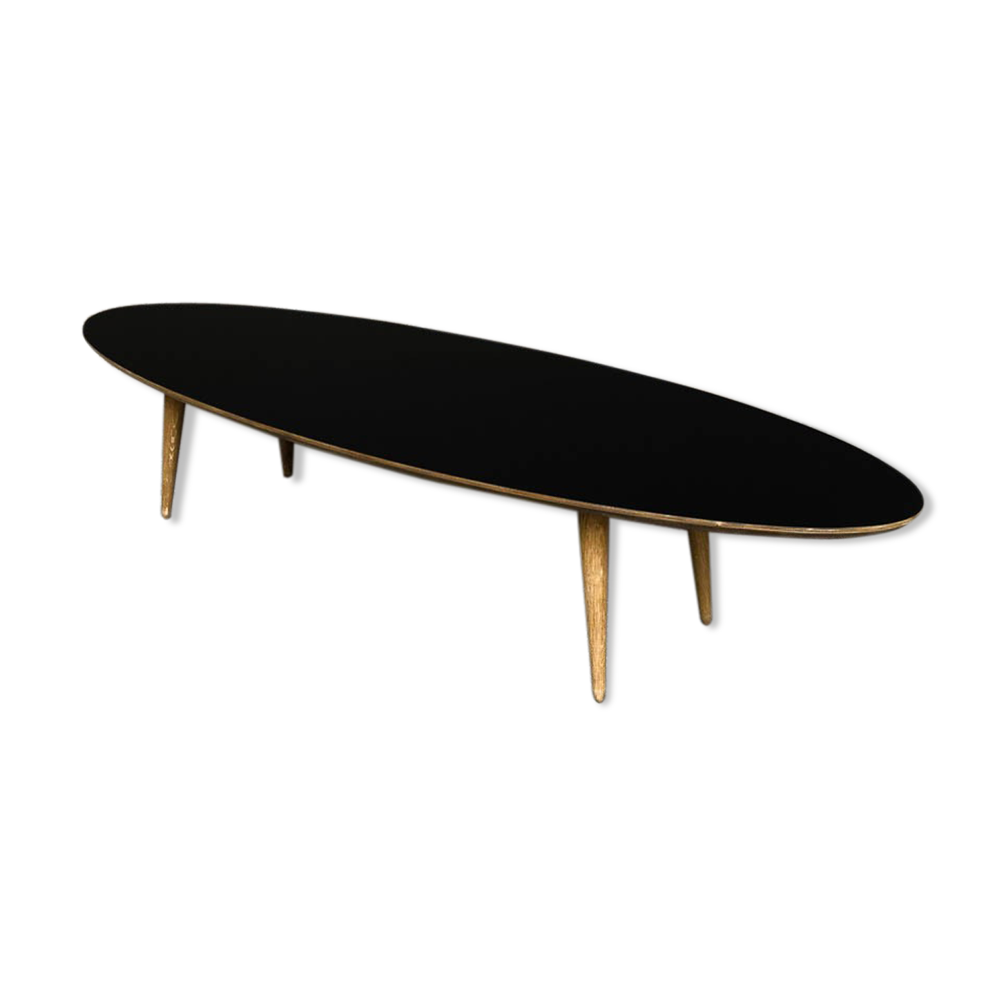 Oval coffee table with a black tray and oak-turned feet