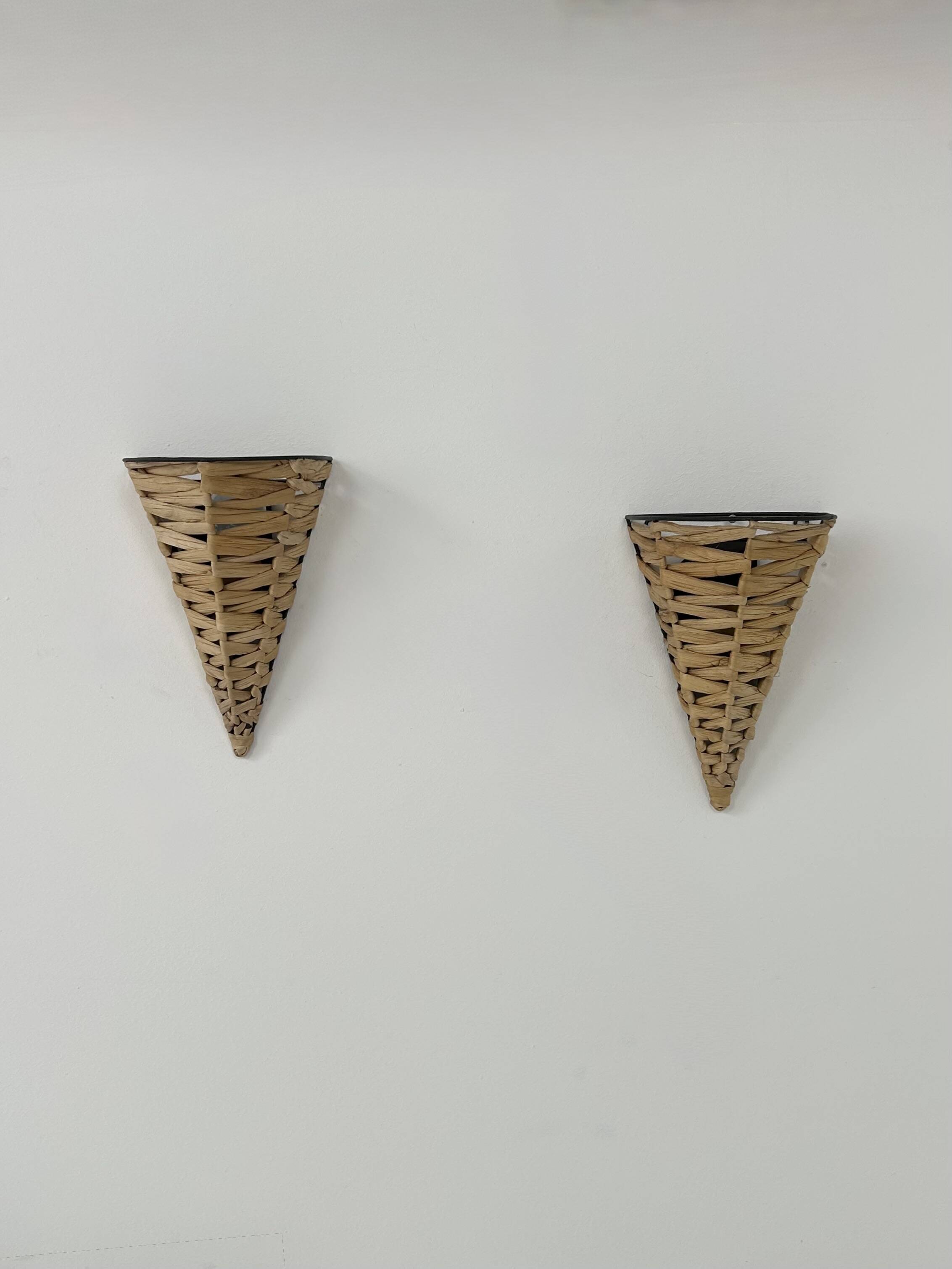 Pair of vintage raffia wall lights, France, 1980.