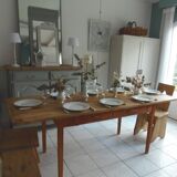 Vintage farm table, beech base and belt, pitch pine top.