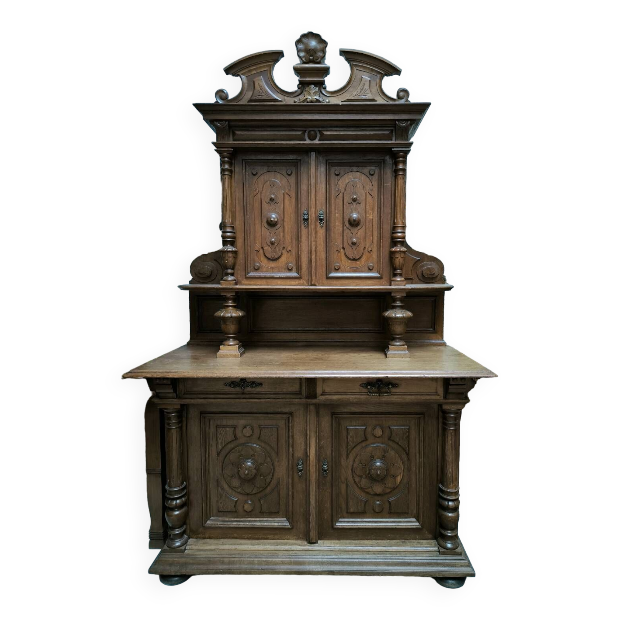 Two-part solid oak buffet circa 1880